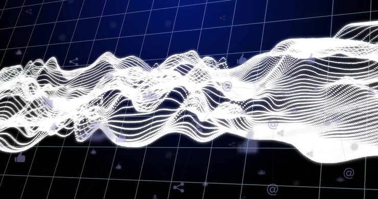 White mesh structure moving across navy grid plane, with floating social media icons in 3D render