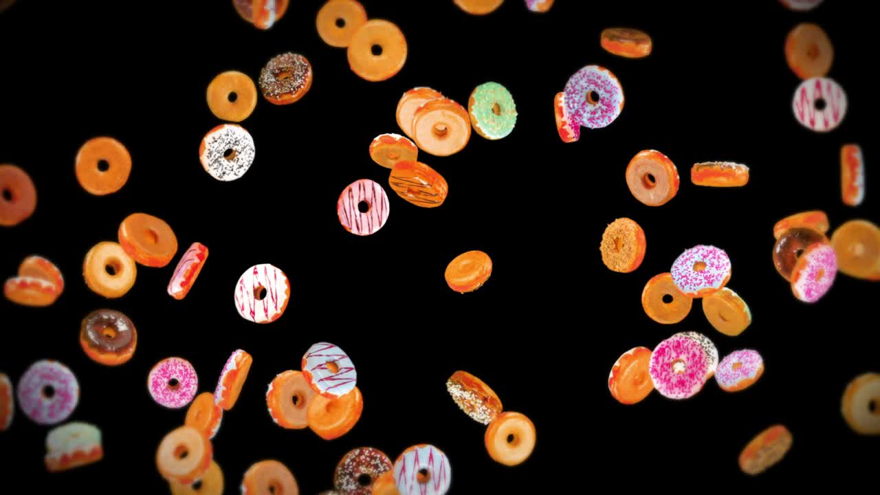 Flying many colorful donuts on black background. Doughnut cake, Sweets, Dessert. 3D animation of donut rotating. Loop animation.