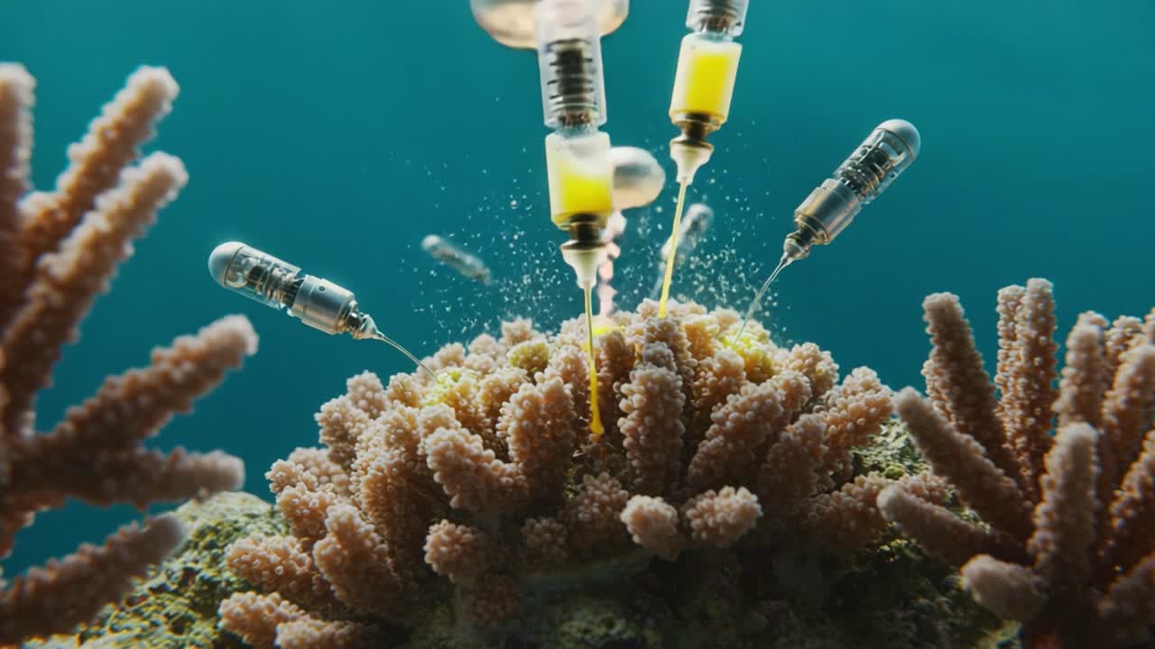 Close-Up of Innovative Coral Reef Restoration Technique Using Syringe-like Devices Injecting Nutrients into Endangered Coral Structures to Aid in Ecosystem Repair