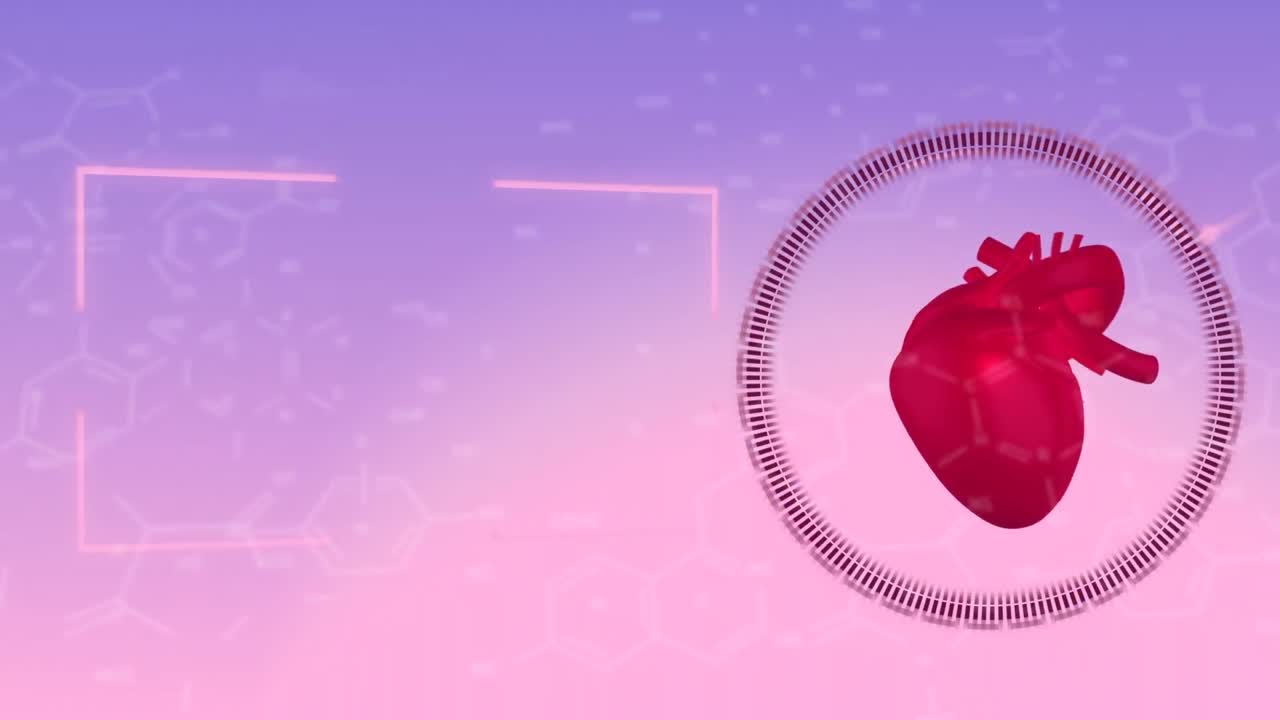 animación de un corazón digital sobre una fórmula química en un fondo rosado
