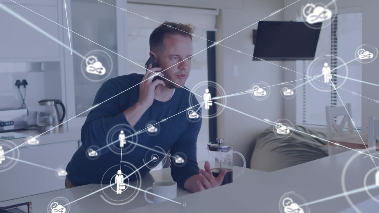 스마트 폰을 사용하는 백인 남성의 네트워크를 통해 데이터 처리의 애니메이션