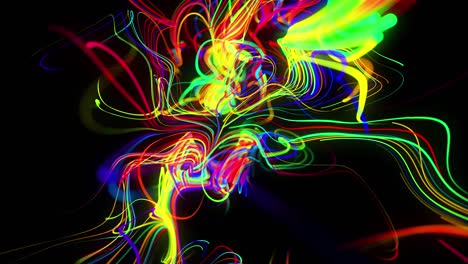 el flujo de fondo abstracto de las líneas de brillo. las partículas de luces en funcionamiento se forman en el espacio 3d brillando hermosas líneas curvas como una bola de cables quemándose con luz de neón. hermoso fondo creativo en bucle en 4k.