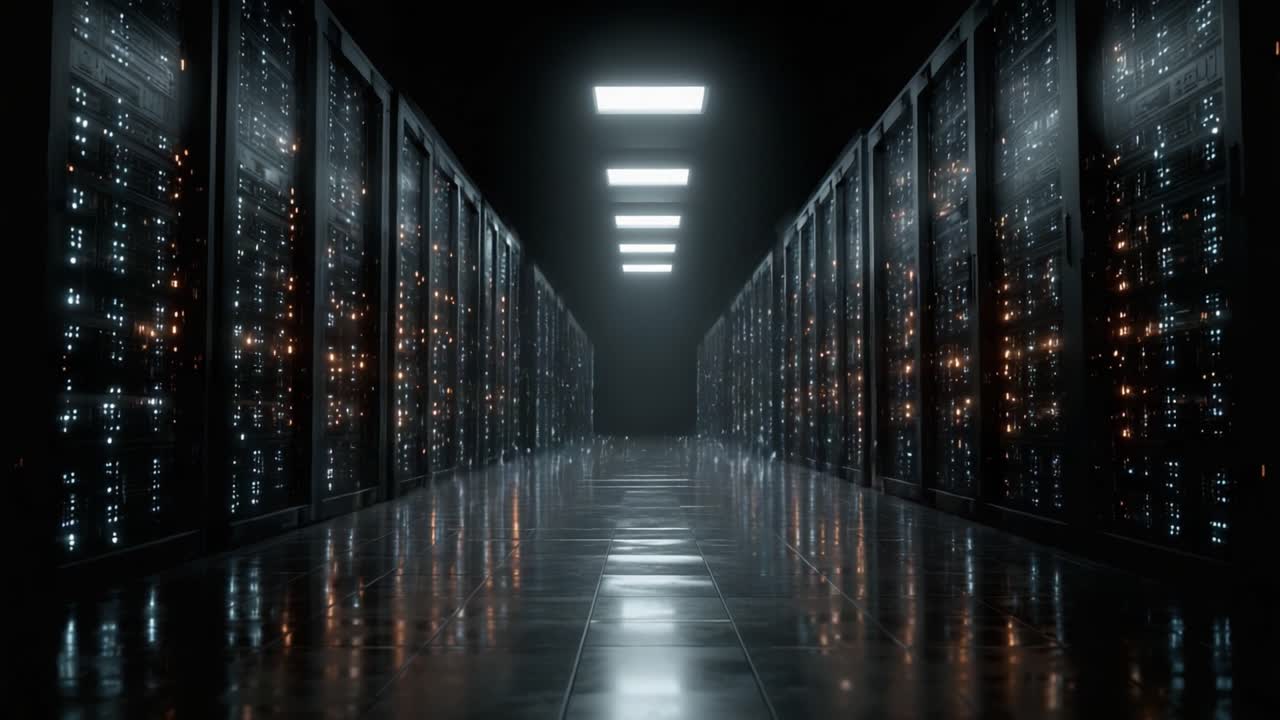 A Glimpse Into the Heart of Data Storage: A Corridor Filled with Server Racks Bathed in Ethereal Light, Showcasing the Technology Behind Modern Computing Infrastructure