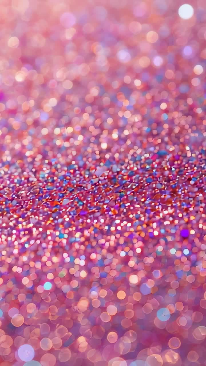 Vertical video: Camera moving focus, revealing pink glitter detail on tabletop with sequins, bokeh