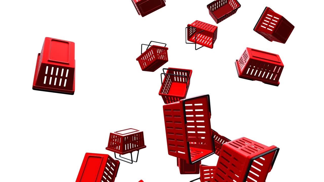 색 배경에 빨간색 플라스틱 쇼핑 바구니.