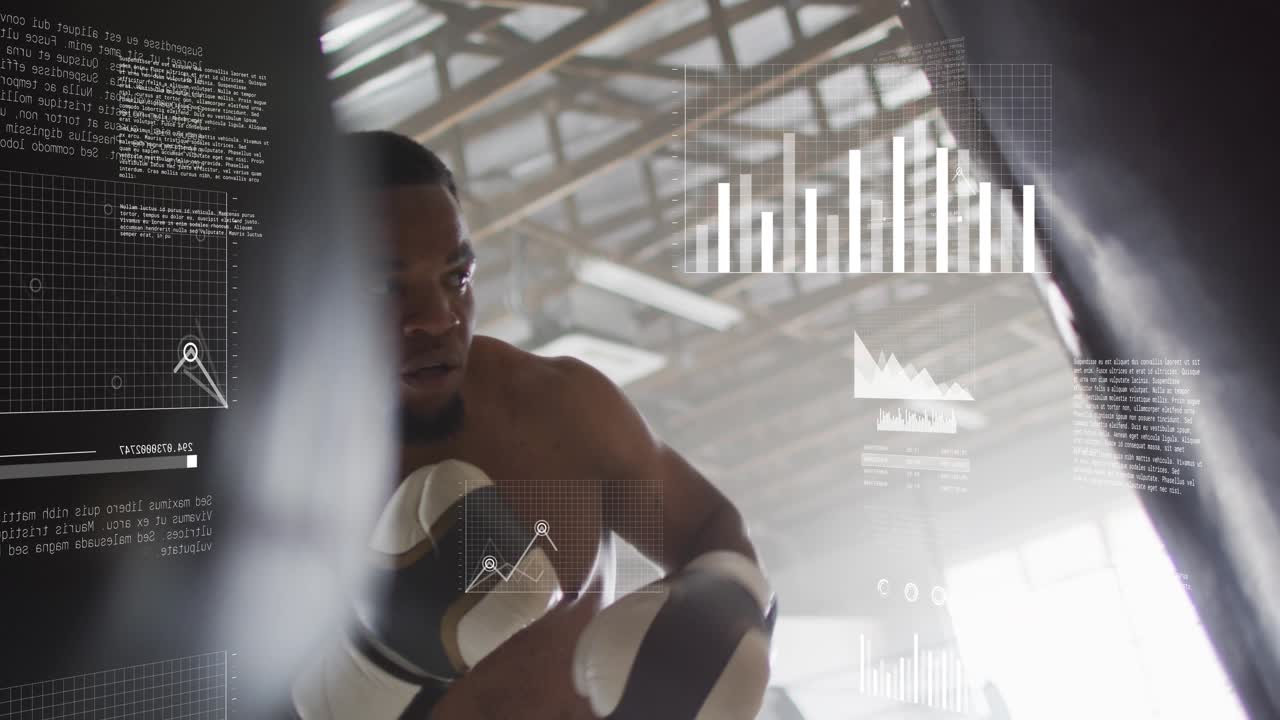 Male boxer shifting weight, training and striking heavy bag while HUD charts tracking data
