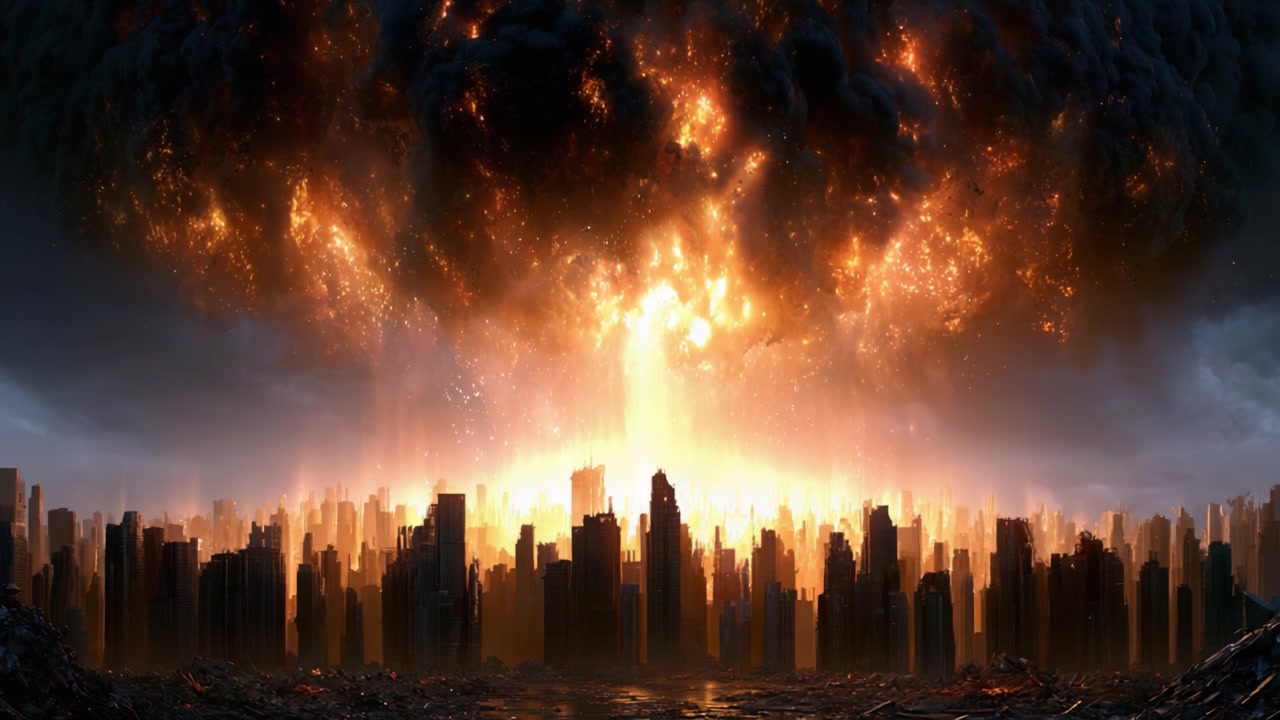 A Gripping Depiction of Cataclysmic Destruction: The Final Moments Captured in an Explosive Cityscape with a Towering Fireball Erupting from a Devastated Urban Landscape