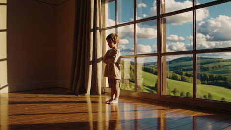 child looking out of window at scenic landscape