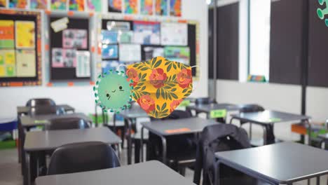 animación de virus de covid con cara enojada rebotando contra la máscara facial floral sobre el aula de la escuela