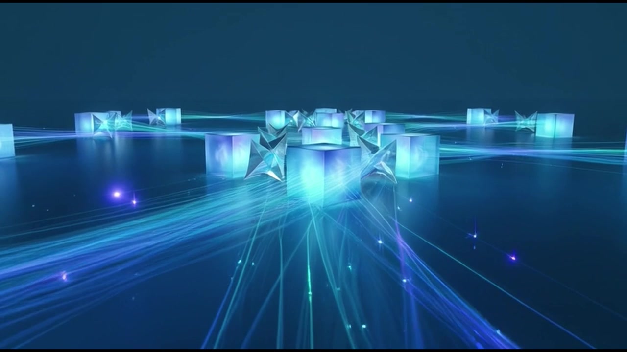 Abstract Digital Network Connecting Glowing Geometric Cubes and Prisms