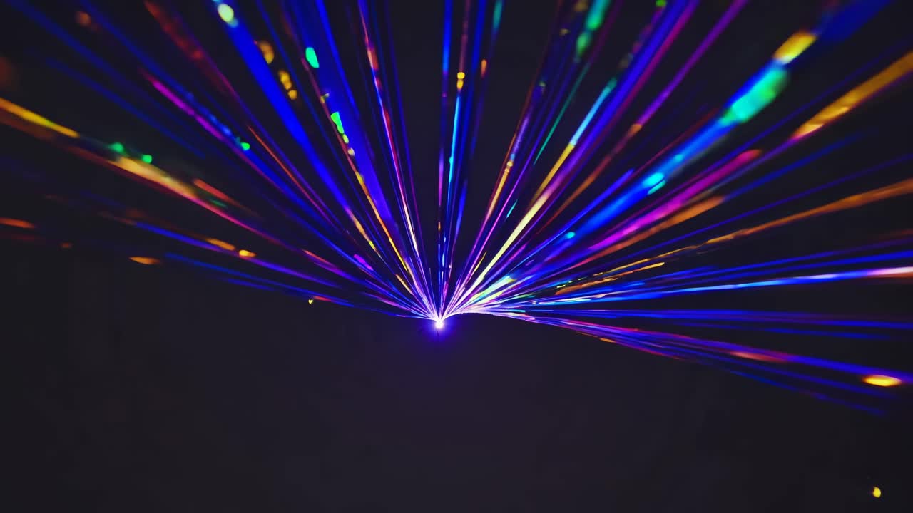 Динамичное видео красочных лазерных лучей, сходящихся под небольшим углом и создающих яркую футуристическую атмосферу