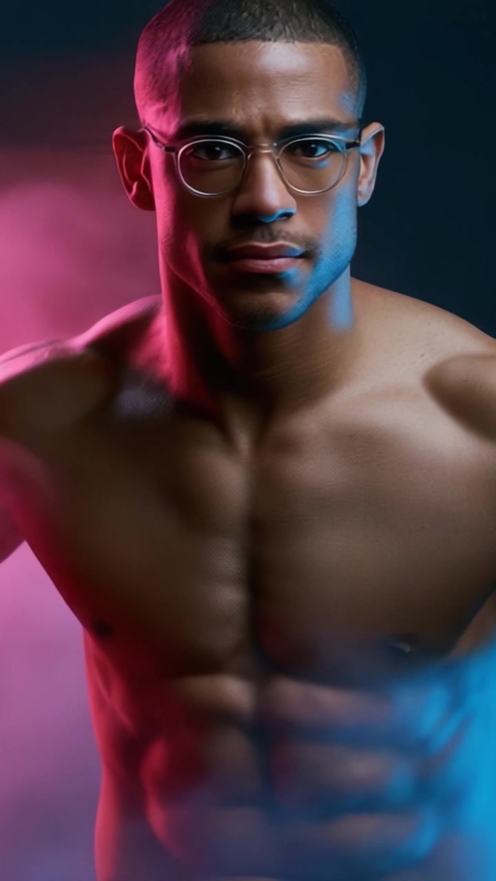 Ritratto dinamico di un individuo in forma che mostra forza e stile con colori audaci e tecniche di illuminazione artistiche in un ambiente da studio