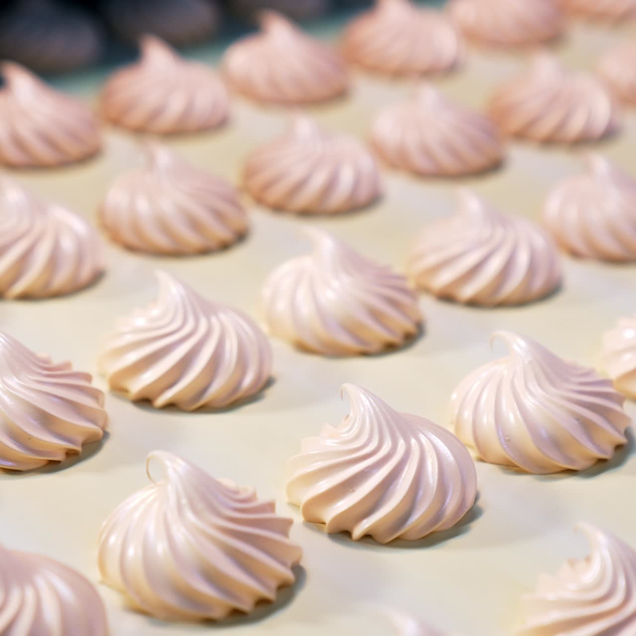 Pink creamy zephyrs production on the food factory. Savory desserts moving along conveyor belt close up. Blurred background