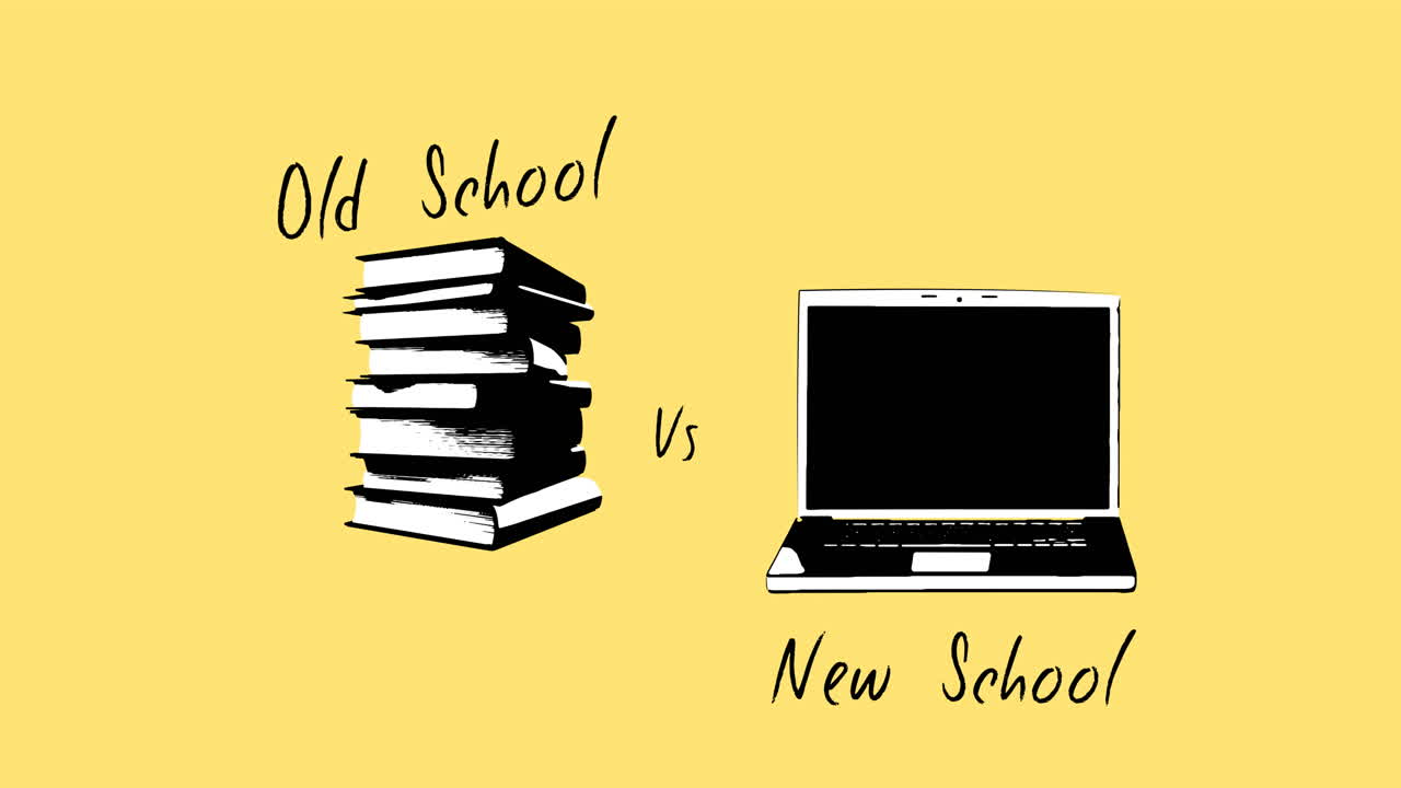 Animation of old school vs new school text and digital icons on yellow background