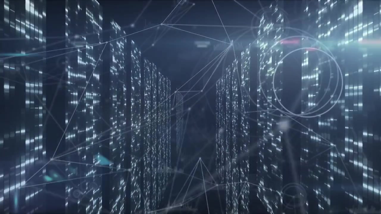 Animation of network of connections and screens of mosaic squares against blue background