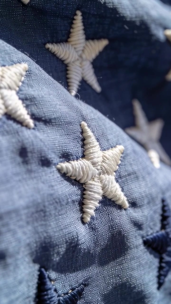 Video verticale: Telecamera in movimento che mostra una stella bianca ricamata in rilievo su un panno blu navy, rivelando il filo.