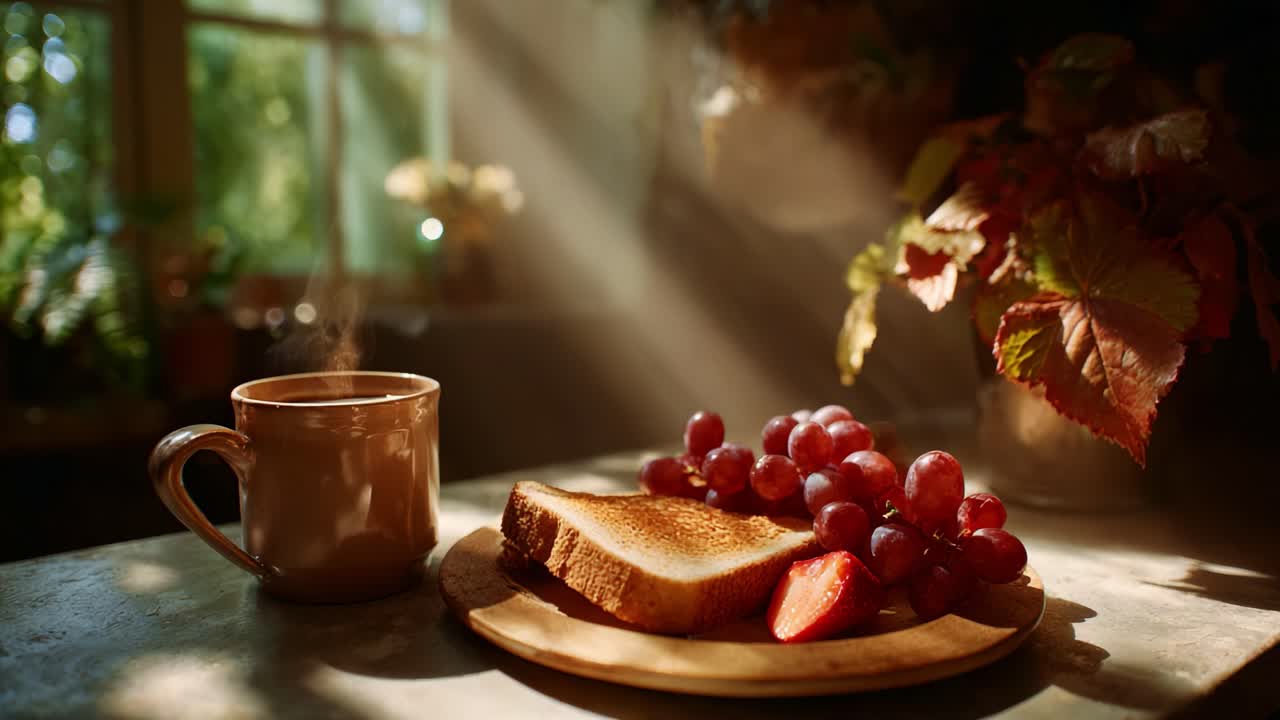 En koselig frokostscene med toast, druer og kaffe, fremhevet av sollys som strømmer gjennom et vindu i en varm og innbydende atmosfære