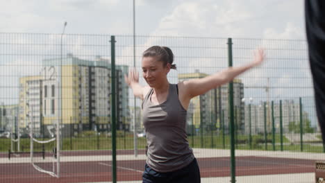 close-up view of brunette woman stretching