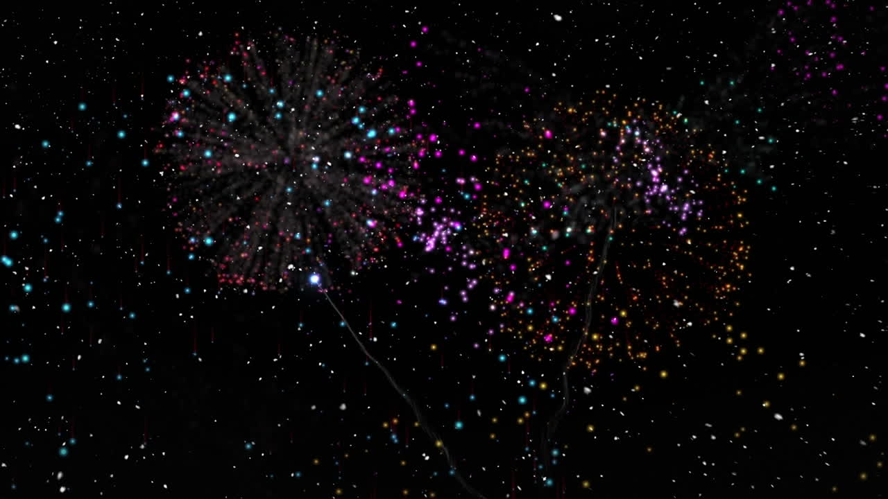 검은 바탕에  ⁇  입자가 떨어지고 불꽃놀이가 폭발하는 디지털 애니메이션