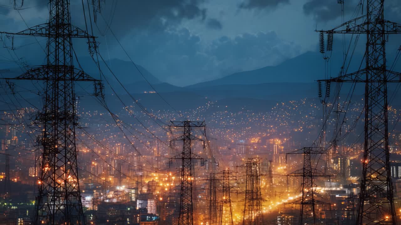A Stunning Urban Nightscape Illuminated by City Lights and Power Lines Rising Against a Dramatic Sky, Capturing the Pulse of Urban Life in a Modern Metropolis