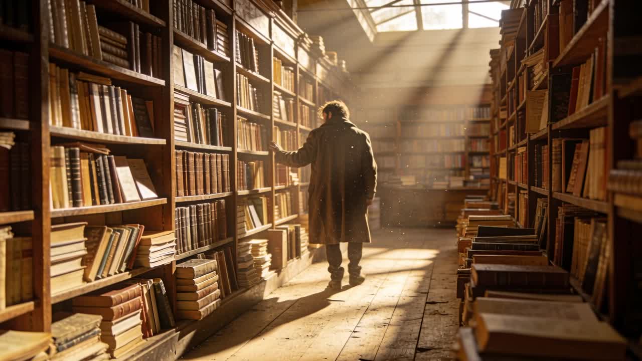 Walking man in long coat, sunlight drawing him toward skylight among book shelves, touching spines