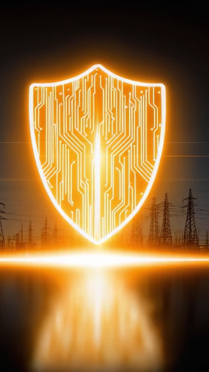 A Stunning Visual Representation of Cybersecurity: A Shield with Circuit Patterns Over a Backdrop of Electric Towers, Symbolizing Protection and Innovation in the Digital Age
