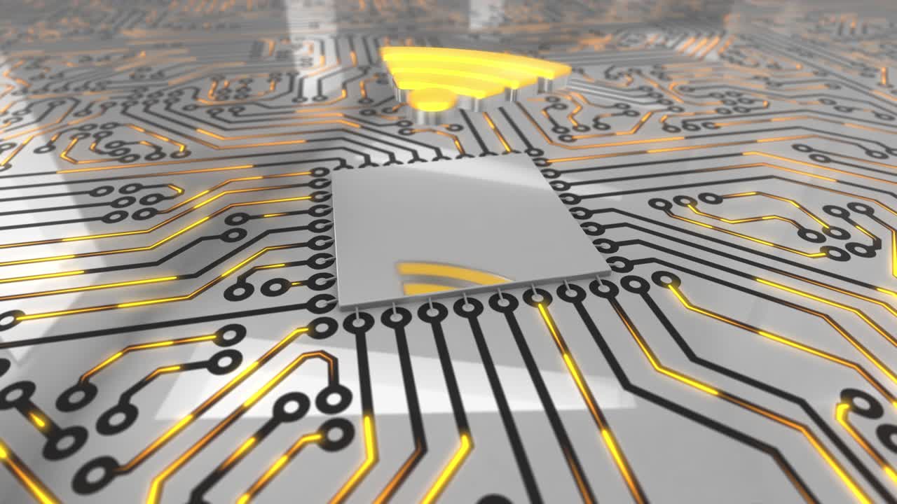 화려한 오렌지색 회전 컴퓨터 회로 보드 개념 wi-fi 루프 4k