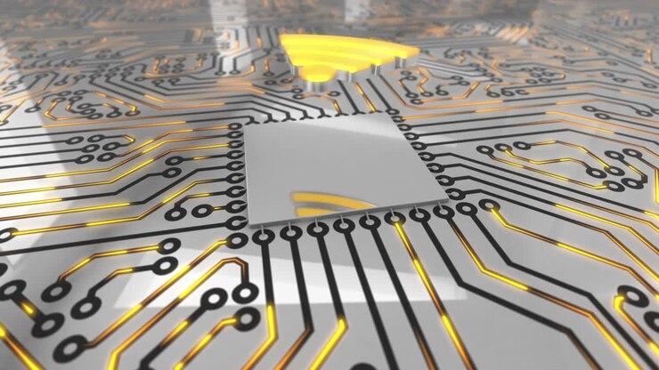Bright orange rotating computer circuit board concept Wi-Fi loop 4K