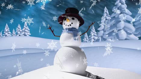 animation of snow falling over winter landscape with snowman and trees at christmas