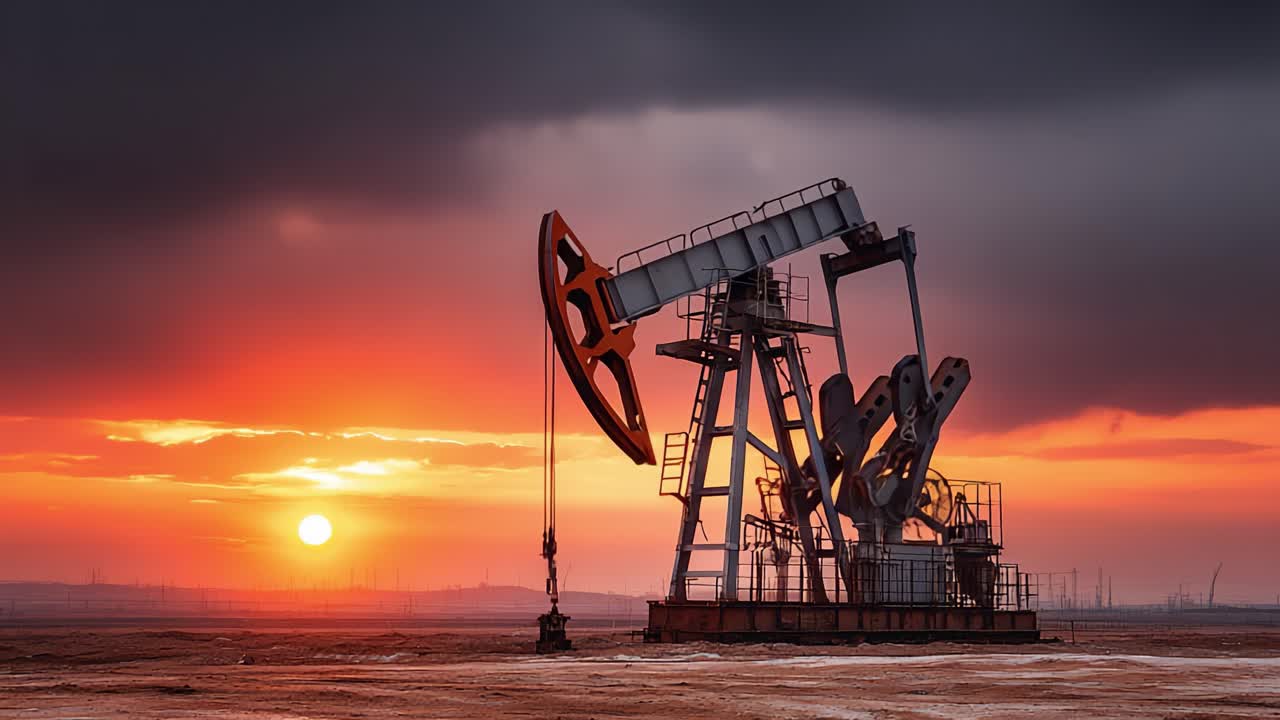 A Stunning Sunset Over an Oil Pump Jack: Capturing the Contrast Between Industry and Nature with Vibrant Colors and Stunning Sky Dynamics