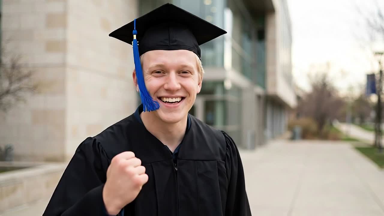 Young male graduate celebrating success outdoors wearing cap and gown with confident smile and raised fist