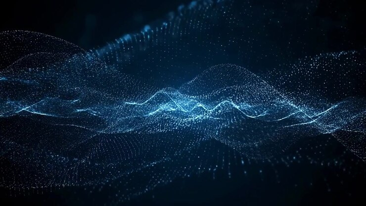 Panoramic particle scene showing layered wave-like surfaces built from thousands of tiny cyan and white points, with technology, particle, digital, data detail, showing wave, network, grid, point