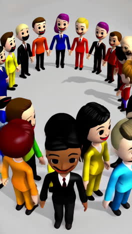 a diverse group of 3d animated characters in colorful suits forming a circle