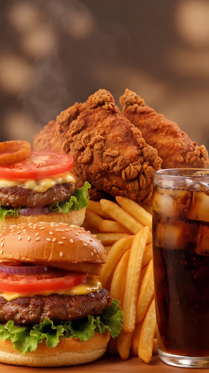 Hambúrguer 4K Fast Food com Frango Frito Crocante e Batatas Fritas Fundo Cinematográfico