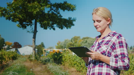 una joven agricultora usa una tableta en una tecnología de campo en agricultura