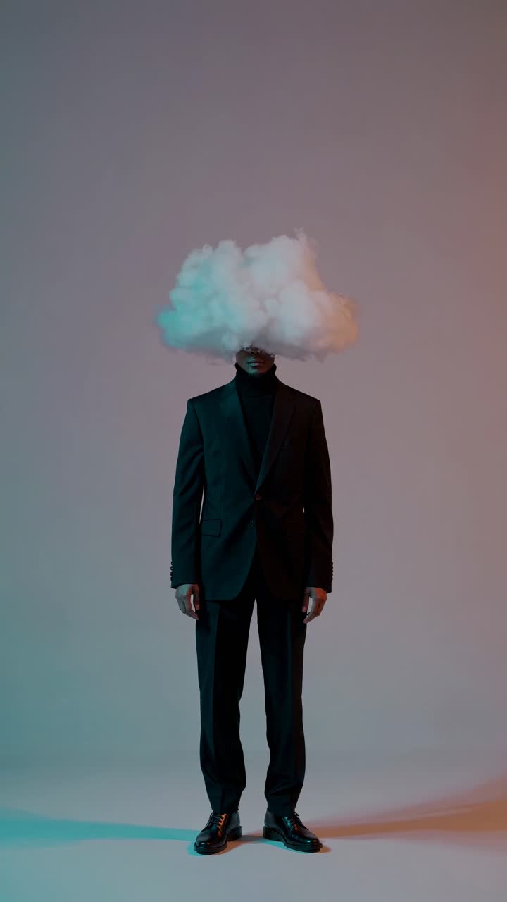 Surreal video concept with a person in a suit obscured by a cloud