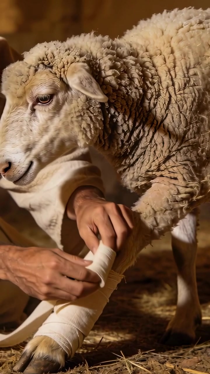 Dikey video: Ahırda, gazlı kollu ellerin dikişli koyun bacağını sararak yarayı kapatması.