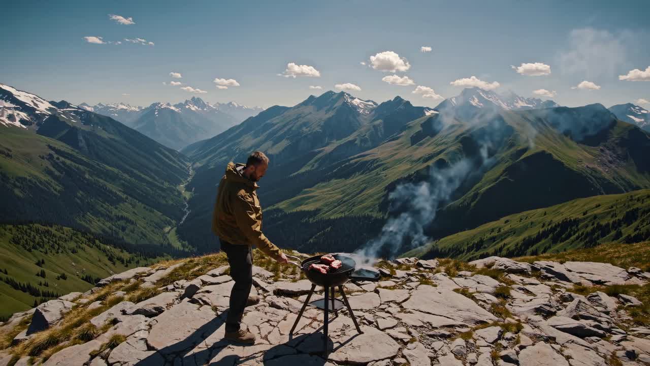 Man Grilling on Mountaintop