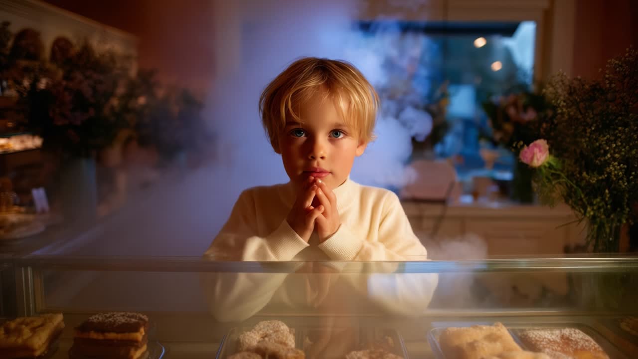 A Young Child Contemplating Choices at a Bakery Display Case Surrounded by Beautiful Pastries and a Dreamy Atmosphere, Evoking Innocence and Wonder in a Warm Ambiance