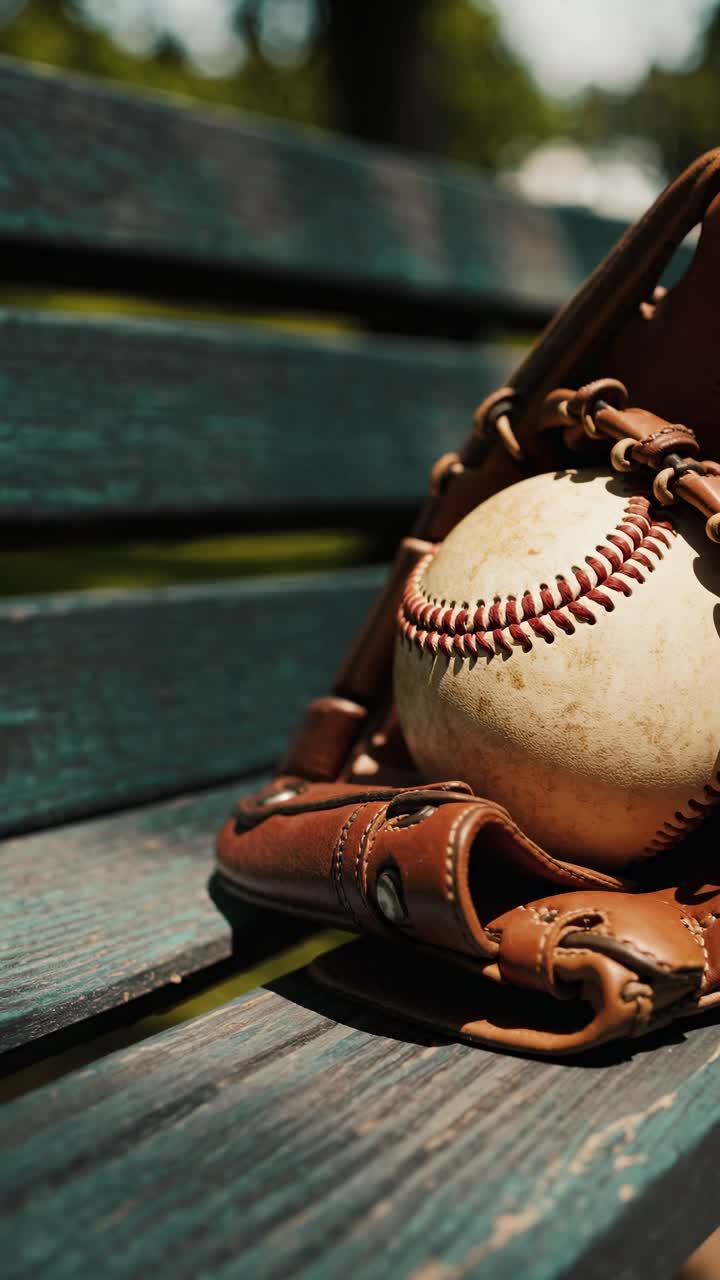 Close-up video shot of a baseball nestled in a glove on a wooden bench, captured at a low angle