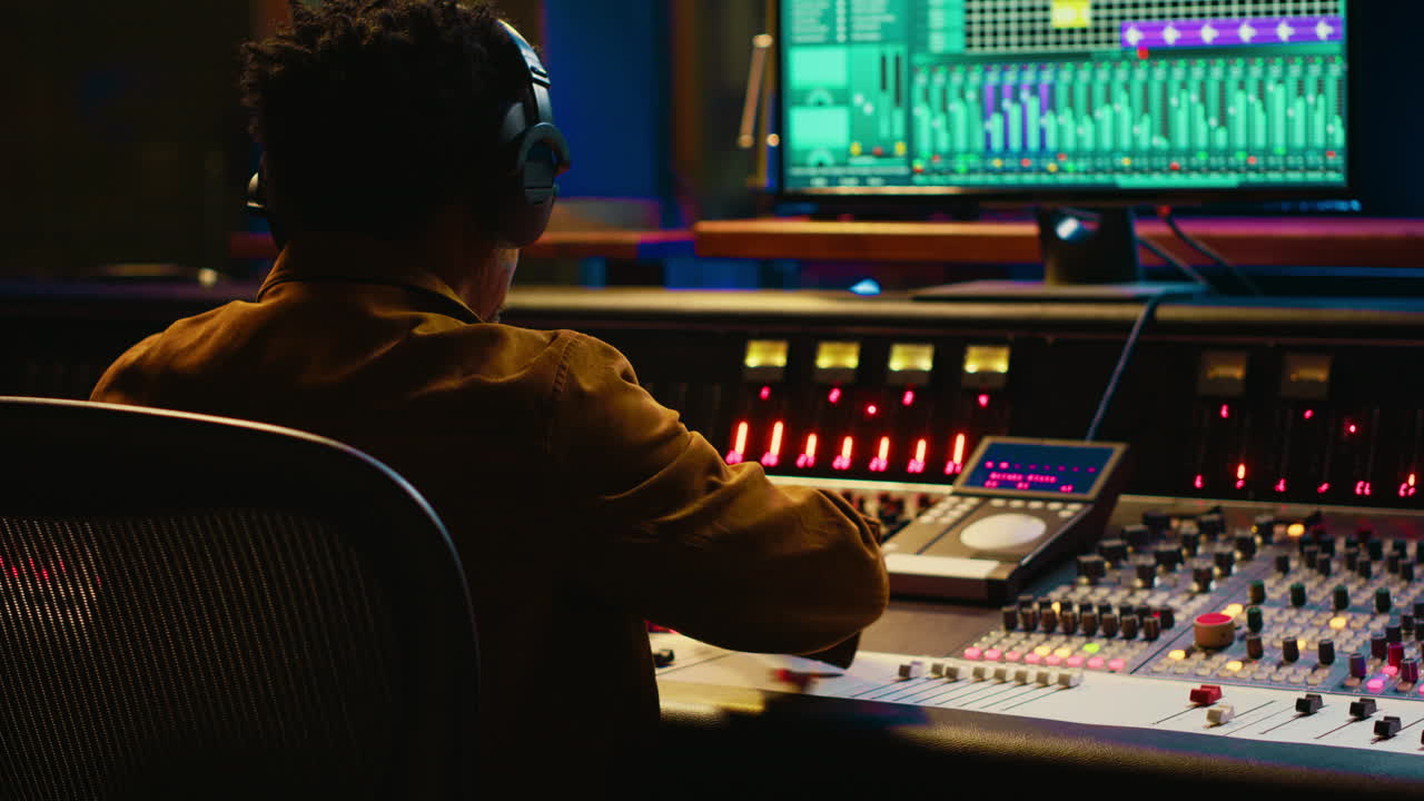 Music producer recording and editing tracks in control room