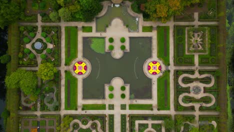 descending top aerial view of dutch castle gardens in arcen limburg