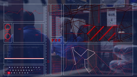 displaying complex data, digital interface with red and blue graphics, animation
