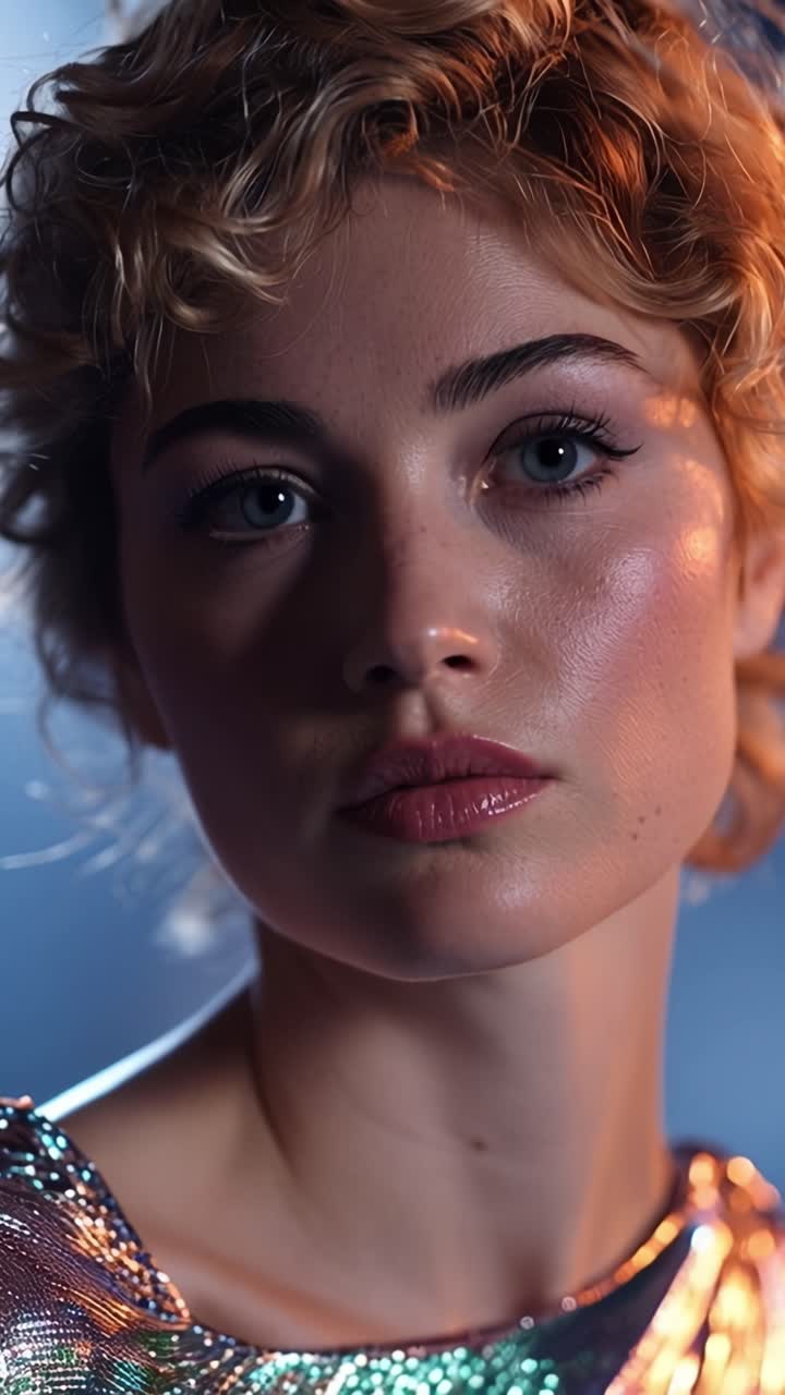 Ritratto Accattivante Di Una Giovane Donna Con Capelli Ricci E Un Abito Scintillante, Che Esprime Emozione E Profondità Nello Sguardo Sotto Una Luce Soffusa