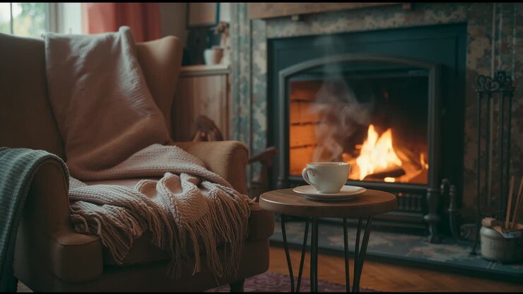 Hot coffee causing white ceramic mug emitting steam on table at home corner, firelight dancing