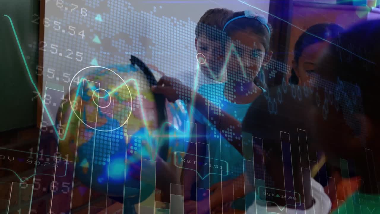 Animation af databehandling og graf over skolebørn, der kigger på en globus i klassen