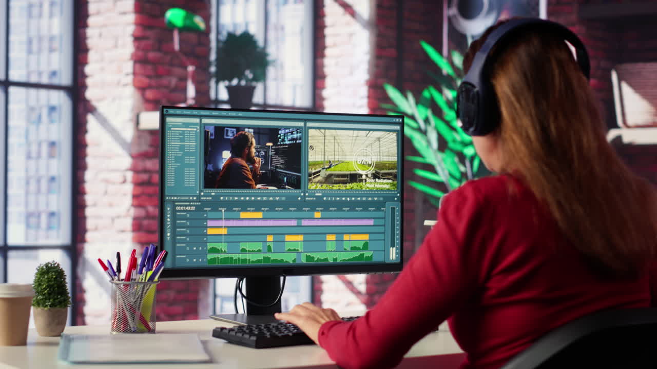 Woman editing video footage on a computer