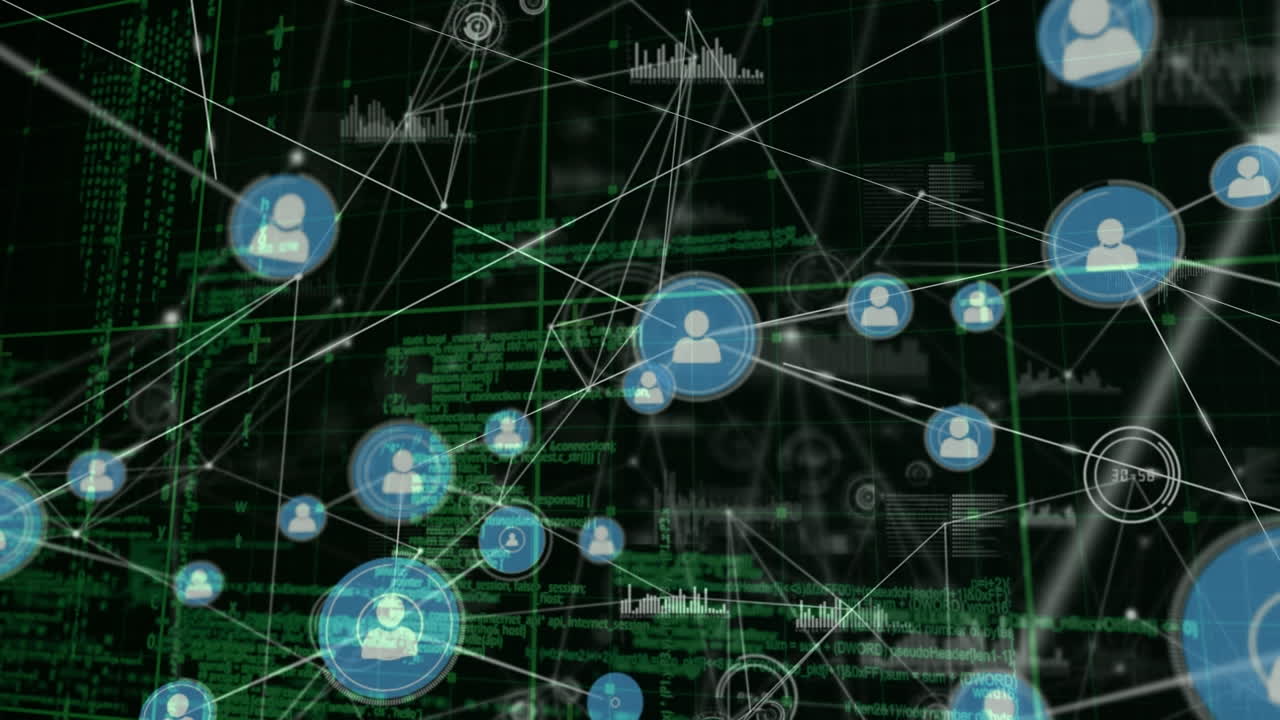 Animation of data processing and network of connections over black background
