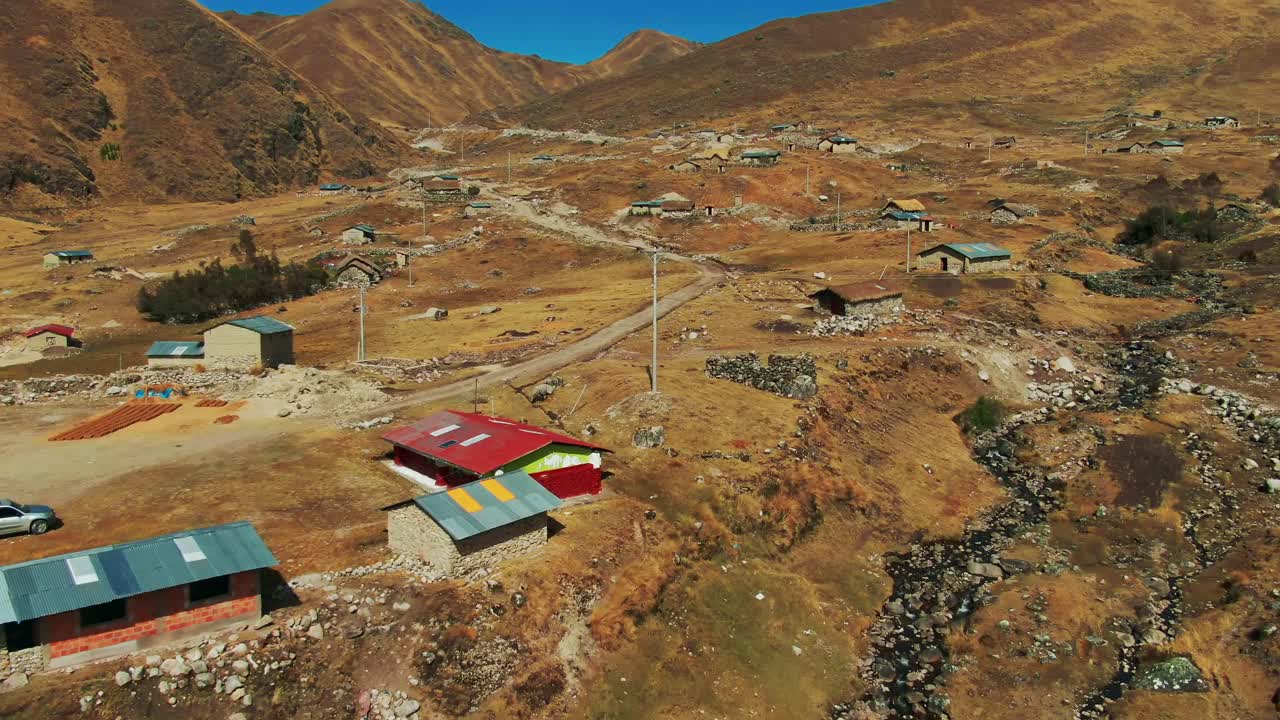 Peruvian quechua indigenous community of Chaullacocha, Lares trek. Dolly in flyover