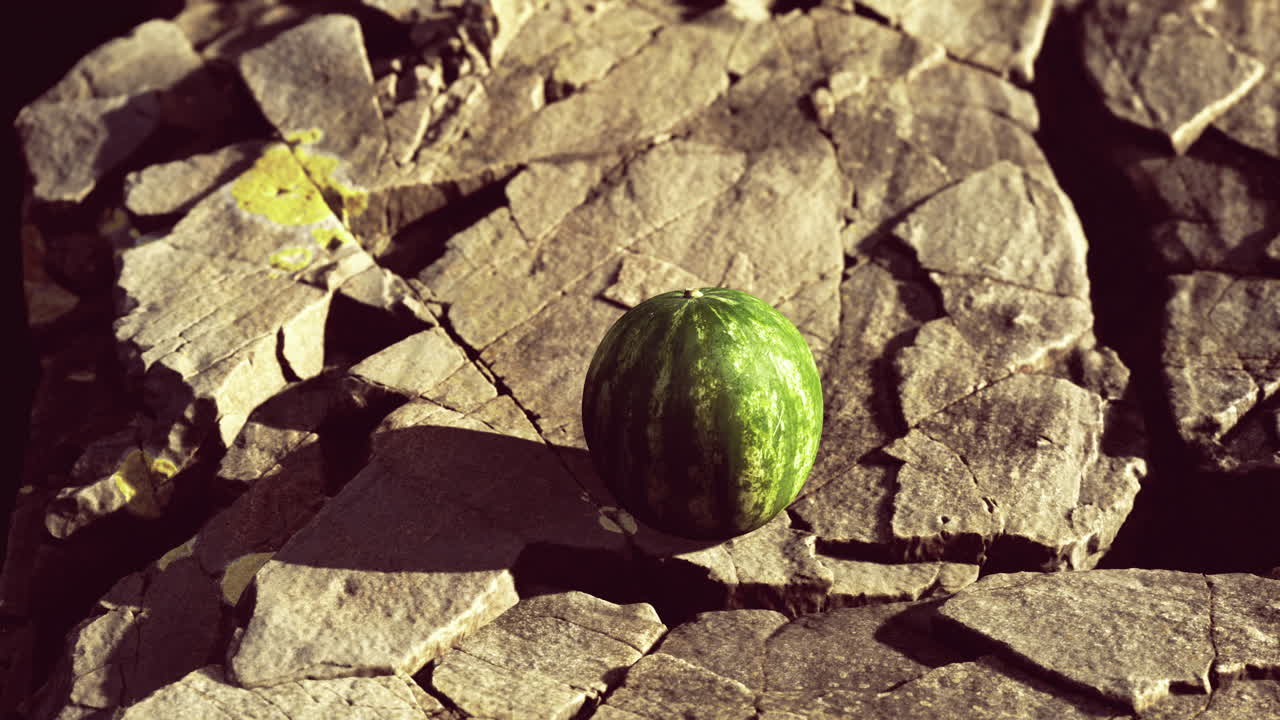 Small watermelon resting on rocks during sunny day outdoors in nature